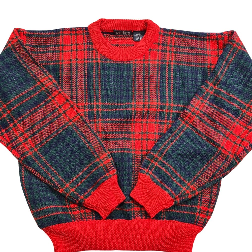 Nautica Sweater Mens S Red Plaid Chunky-Knit Wool Crew Neck Pullover Vintage